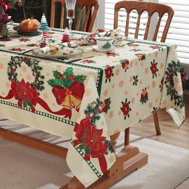 Rectangle Christmas Tablecloth 60 x 120 Inch, Christmas Poinsettia & Holly Decoration Table Cloth, Water Resistant and Wrinkle-resistant Durable Table Cover for Xmas, Holiday, Winter, Yellow