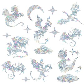 31 Pieces Fly Dragon Sun Catcher Window Clings for Glass Windows, Anti-Collision Stickers Star Moon Decals Prevent Bird Strikes, Rainbow Prismatic Clings Non Adhesive Window Deco