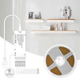 CUBITOR Under Cabinet Led Light Strip kit,Parallel Power with 6 Output Ports,5m Cuttable Cold White 6500K COB Strip,Bulkhead Hand Switch&Dimmer,for Gun Safe Case,Book Shelf,Floating Shelf DIY Lighting