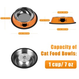 Serentive 2Pcs Cat Bowls Non-Slip Stainless Steel Small Cat Food Bowls Unbreakable Thicken Cat Feeder 7 Oz Cat Dishes Suitable for Indoor Small Pets Removable Rubber Base Easily Clean Lovely Color