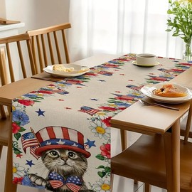 4th of July Summer Flower Cat Table Runner , Linen Patriotic Star Memorial Day 13x90 Inch for Table Dinning Kitchen Party Decoration