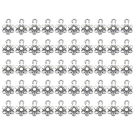 PPhtony Small Flower Charms Metal Vintage Pendant Charm Bead for Bracelet Earring Necklace Keychain Jewelry Making Cards Tags Crafting Supplies, 50PCS (Antique Silver)
