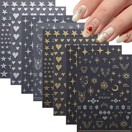 Gold Silver Star Nail Art Stickers Moon Star Heart Nail Decals 3D Self-Adhesive Pegatinas Uñas Acrylic Nail Supplies Holographic Metal Nail Art Design for Women Nail Decoration Manicure 8 Sheets