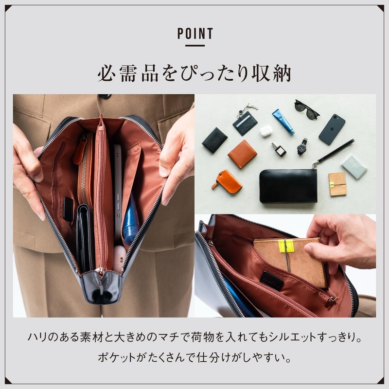 Mura Clutch Bag, Men's, Genuine Leather, Cordovan Style, L-Shaped Zipper,