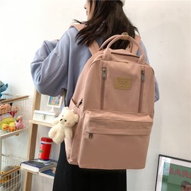 AONUOWE Preppy Backpack with Plushies Cute Backpack for Teen Girls Light Academia Bookbags Solid Aesthetic School Bag (Pink)