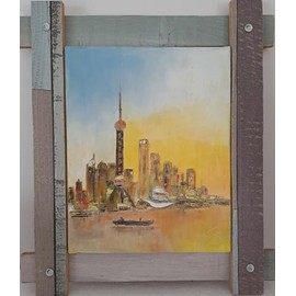 Oeuvre d'art peinture à l'huile fait main unique et signée. "Shanghai Skyline"