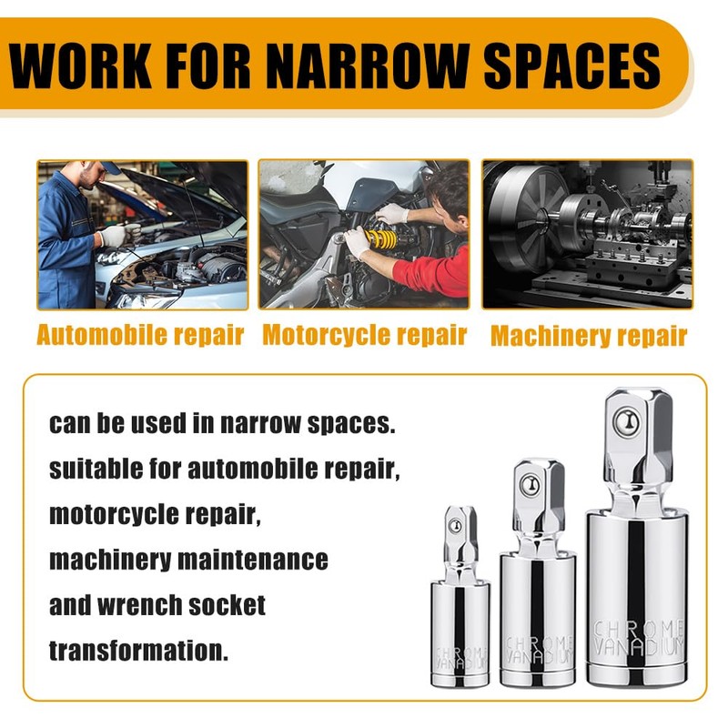 3PCS Universal Joint Socket Set, 1/4” 3/8” 1/2” Drive Swivel