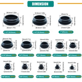 167PCS 13 Sizes Rubber Plugs for Round Holes, 1-1/2", 1-1/4", 1", 13/16", 3/4", 5/8", 1/2", 3/8", 5/16", 7/25", 1/4", 1/5", 4/25" Black Snap Locking Silicone Plugs for Automotive Wiring Furniture