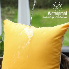 JOJOGOGO Mustard Yellow Waterproof Sun Fade Resistant Lumbar Pillow Covers 12x20 Set of 2, Bright Yellow Summer Outdoor Decorative Pillows 20 x 12 for Patio Furniture (with White Piping)