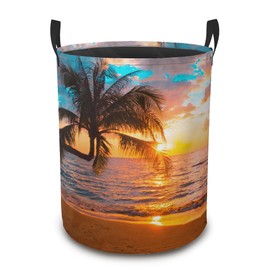 Laundry Basket,Beach Sunset Clothes Hamper Palm Tree Collapsible Laundry Bag Waterproof Oxford Cloth Storage Organizer for Bedroom,Bathroom,Nursery,Dorm,16x20 Inch