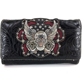 Zelris Sugar Skull Roses Angel Wing Women Crossbody Wrist Handle Trifold Wallet (Black)