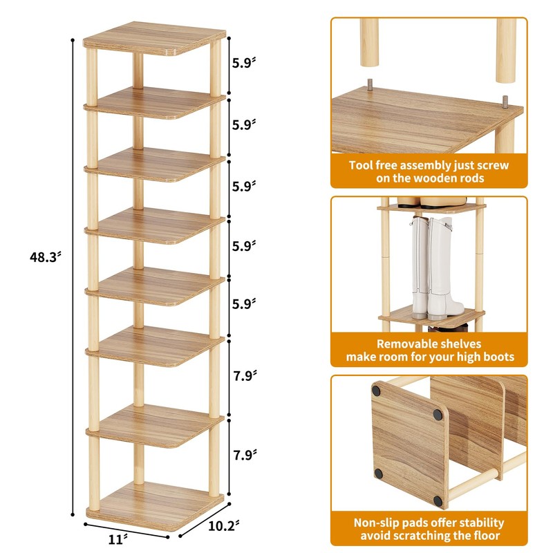 LUCKNOCK Vertical Shoe Rack, 8-Tier Tall Narrow Shoe Organizer for