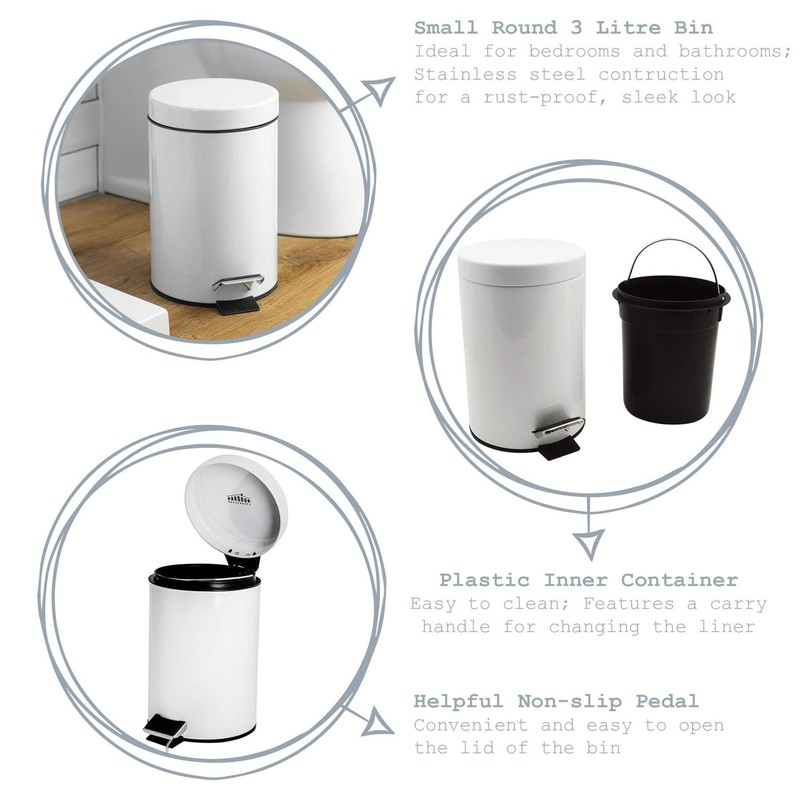 Harbour Housewares 3 Litre Bathroom Pedal Bin with Inner Bucket