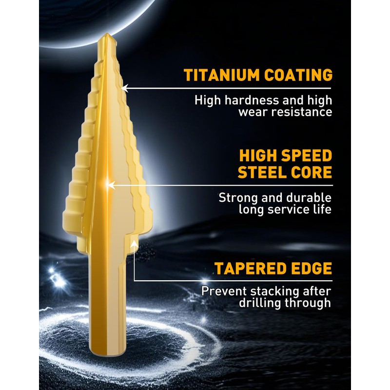 COMOWARE Step Drill Bit Set 5-Piece Titanium-Coated with Automatic Center