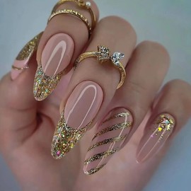 Press On Almond Acrylic Fake Nails with Golden Stripes, Full Cover, Reusable Coffin, Glossy False Nails - Stick On Nails for Women, Glue On Nails