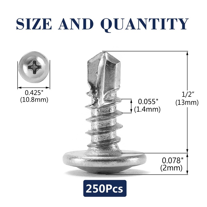 #8 x 1/2" Sheet Metal Screws 250PCS 410 Stainless Steel