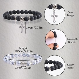 WANDIC 2 Pieces Cross Bead Bracelets,Stretch Bracelets Meditation Prayer Bracelets Religious Hollow Bracelets Volcanic Stone Bead Bracelets Jesus Bracelets