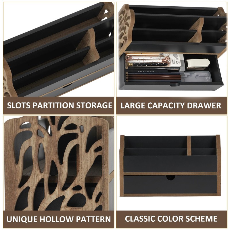 Dhmkfly Desk Organizer with Drawer Wood File Office Mail Organizer