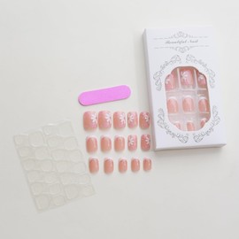 French Tip Press on Nails Short Square, Spring Summer Flower Petal Fake Nails with Glue, Gold Line Stick on Nails Full Cover Pink Glossy False Nails for Women DIY Manicure Decoration, 24PCS