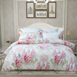 Usning Pink Duvet Cover Set Queen Floral Duvet Cover 3 Piece Set 100% Cotton Vintage Rose Bedding Set Soft and Breathable Comforter Cover with Zipper Closure and Corner Ties, Queen Size