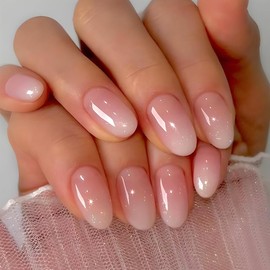Almond Press on Nails Medium Round Fake Nails Pink Ombre False Nails with Gloss Designs Acrylic Nails Press on Artificial Nails Stick on Nails for Women 24Pcs Nail Press ons
