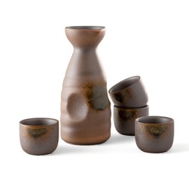 Urban Tokyo Japanese Sake 5 Piece Set Include 1 Sake Bottle and 4 Cups for Hot or Cold Sake Home or Restaurant Use Reactive Glazed Ceramic (Brown and Green)