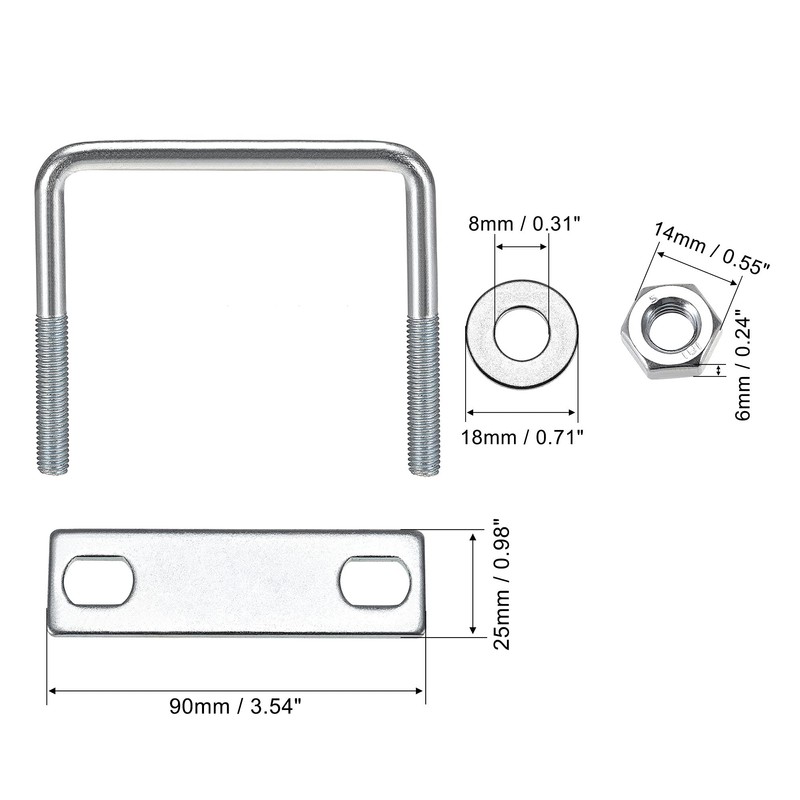 sourcing map Pack of 4 M8 square U-bolts, square U-bolts,