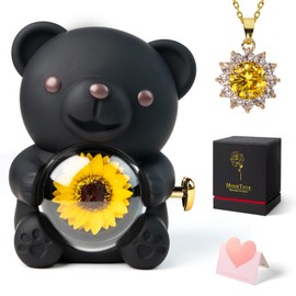 mountova Teddy Bear Birthday Gifts for Women, Artificial Sunflower & Necklace in Bear, Romantic Gift for Her Girlfriend Sister Mom with Hidden Jewelry Box in Anniversary, Christmas -Black