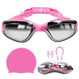 Global-Daily 5 in 1 Swimming Goggles, Anti Fog UV Protection Swim Goggles，Swimming Equipment Including Swimming Goggles, Headphones, Swimming Cap, Headphones and Nose Clips, Swimming Bag (PINK)