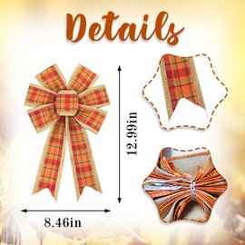 2PCS Fall Wreath Bows, Autumn Harvest Orange Bows for Wreath Rustic Farmhouse Bows for Front Door Thanksgiving Orange Buffalo Plaid Bows for Thanksgiving Wall Ornaments Home Indoor Outdoor Decor