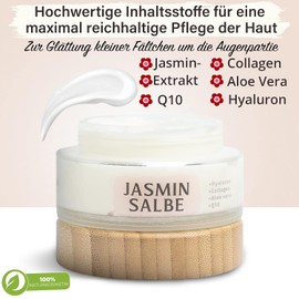 Satisa© Jasmine Ointment Against Dark Circles & Wrinkles Organic Active Eye Cream 100 ml + Hyaluronic + Collagen 100% Natural Cosmetics Jasmine Cream Against Shadow Eye Care for Women and Men