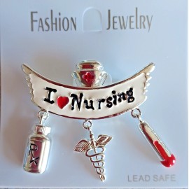 Fashion Jewelry I LOVE NURSING Pin with 3 dangling Charms Silver tone-RN Nurse Grad Caregiver