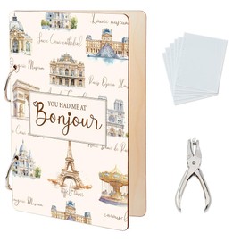 SUPERDANT Hand drawn Paris Greeting Card Holder Organizer You Had Me At Bonjour Wooden Card Keeper Binder Birthday Cards Keeper Photo Album Cover with Punch and 20pcs Inner Pockets Keepsake Gifts