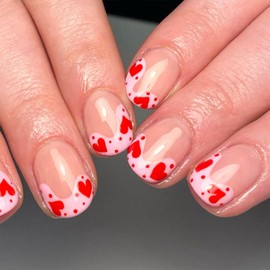 Valentines Press on Nails Short Red Heart Square Fake Nails Pink French Tip Full Cover Acrylic Nails Press ons Cute Valentine's Heart Stick Glue on Nails for Women Girls 24 Pcs