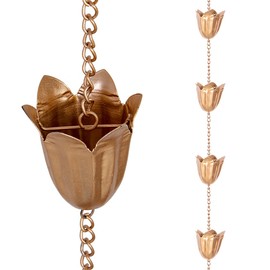 Qipade Rain Chains for Gutters, 8.3ft Length Copper Lotus Rain Chain with 12 Cups, Decorative Rain Catcher Replacement Downspout for Gutters, Eaves Drainage