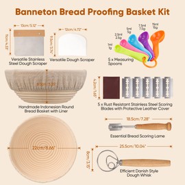 Jeensley Handmade Round Indonesian Rattan Banneton Bread Proofing Basket with Liner and Bread Baking Tools