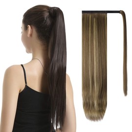BARSDAR 26 inch Ponytail Extension Long Straight Wrap Around Clip in Synthetic Fiber Hair for Women - Blonde & Medium Brown