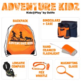 Adventure Kidz Outdoor Exploration Kit, Children’s Binoculars, Flashlight, Compass, Fox Whistle, Magnifying Glass, Backpack. Great Gift Set for STEM, Pretend Play, Ages 3+ Boys Girls