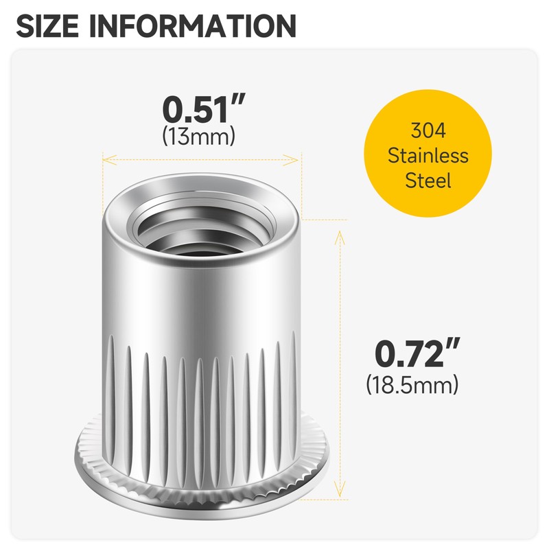 Mywish 50Pcs 3/8 Rivet Nuts, 304 Stainless Steel Flat Head
