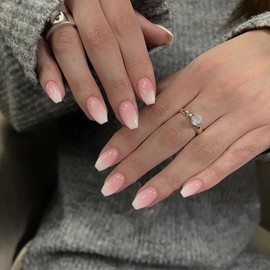 KQueenest French Ombre Pink Press on Nails Medium Short Coffin, Gradient White Pink Fake Nails Nails Press ons, Short Ballerina Glue on Nails Natural Fit Acrylic Nails False Nails For Women 24 Pcs