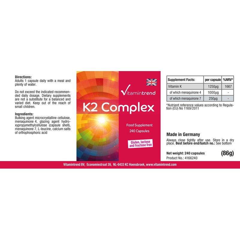 Vitamintrend Vitamin K2 Complex 1250 μg, 240 Capsules, Swallow-friendly, High