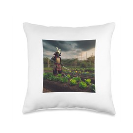 WHITE BEARD Art Gifts Clothing Accessories A Samurai in Full Armor Cutting Lettuce in A Veggie Garden Throw Pillow, 16x16, Multicolor