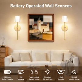 Glendan Battery Operated Wall Sconces Set of 2: Gold Rechargeable Wall Lights with 5200mAh Dimmable Bulbs and Remote,3 Colors Wireless Wall Lamps for Bedroom Living Room Hallway Decor