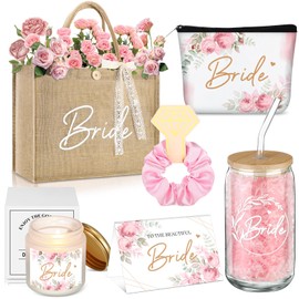Hushee 6 Pcs Bride Gifts Set for Bachelorette Party, Bridal Shower Gifts Box for Wedding Engagement Engaged Bride to Be, Handbags, Cosmetic Bags, Tumbler, Candle, Card, Hair Scrunchies (Flowers)