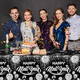 Guzbewu Happy New Year Table Cloths,3pcs Sliver Black Plastic Table Cloths Waterproof New Years Table Cover for 2025 New Years Eve Party Decorations