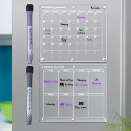 Acrylic Fridge Calendar - Monthly and Weekly Magnetic Calendar for Refrigerator Clear 2-Piece Dry Erase Calendar Board and Reusable Planner with 2 Markers (Monthly & Weekly Calendar Set)