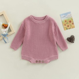 Partclots Newborn Baby Romper Sweater Embroidery Knit Pullover Warm Sweatshirt Romper Fall Winter Clothes (Pink, Newborn)