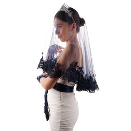 Bridal Wedding Veil | Lace Embroidered Bride Veil, Costume for Wedding Henna Night, Navy Blue, Standard
