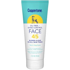 Coppertone Loción facial de protección solar sin aceite + control de brillo SPF 45, protector solar ligero para todos los tonos de piel, no obstruye los poros, sin fragancia, tubo de 2.5 onzas líquidas
