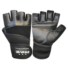 Prime fingerless workout gym weight training bodybuilding foam padded leather gloves 119 (119-Black / Black, XL)